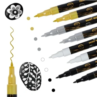 Image of INK LAB Black Acrylic Paint Pens White Markers Metallic for Rock Fabric Wood Glass Canvas Ceramic, 5 4 3 Gold &amp; Silver, Extra Fine Tip