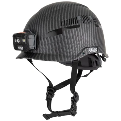 Image of Klein Tools 60517 Safety Helmet, Vented Class C with Rechargeable Lamp and Chin Strap, Premium KARBN Pattern, Adjustable Vents