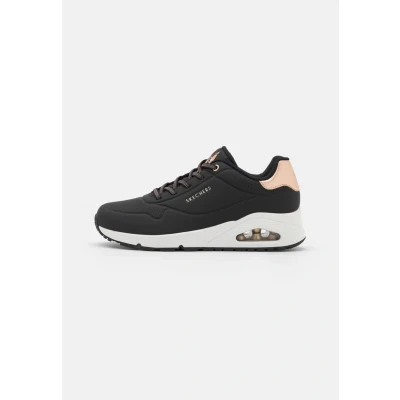 Image of Skechers Women&#039;s Uno Shimmer Away Sneaker, Black Durabuck Rose Gold Duraleather Trim, 6.5 UK