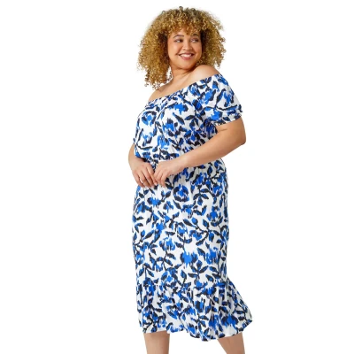 Image of Roman Originals Curve Leaf Bardot Stretch Midi Dress for Women UK Ladies Everyday Holiday Spring Summer Short Sleeves Comfy Soft Evening Vacation Work Party Blue Size 30