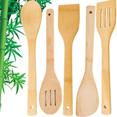 Image of 5 Pieces Wooden Kitchen Utensils Set Wood Cooking Tool Spatula Spoon Turner Slotted for Non Stick and Frying Pans Gift Essentials Dishwasher Safe Long Handle 30CM
