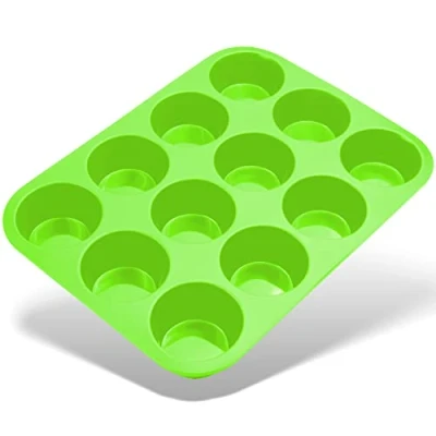 Image of Belmalia Silicone 12 Muffin Pan Non Stick Cupcake Brownies Cake Pudding Green
