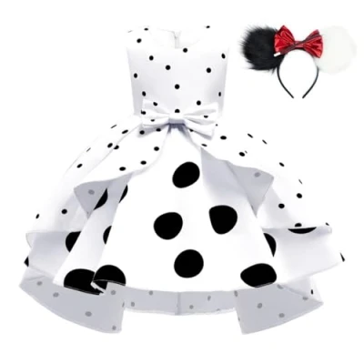 Image of Lito Angels Dalmatians Costume with Mouse Ears Hair Hoop White and Black Polka Dot Fancy Dress Up for Kids Girls Birthday Party Outfits Age 3 4 Years 287 (Tag Number 110)