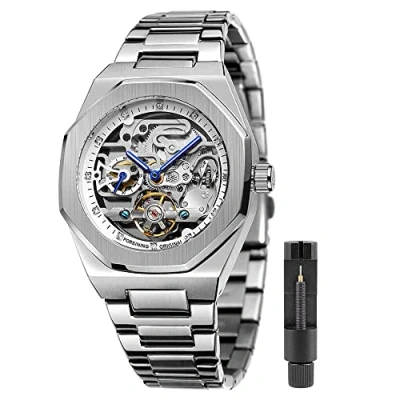 Image of Mechanical Mens Watches Fashion Automatic Male Clock Blue Stainless Steel Waterproof Business Skeleton Watch…, silver white, Quartz Watch,Mechanical,Self winding