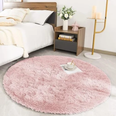 Image of MOONLIGHT20015 Round Rugs Living Room Fluffy Shaggy Pink Area for Bedroom 120x120cm Anti Slip Modern Super Soft Thick Pile Plush Carpet Non Shedding Easy To Clean Rug