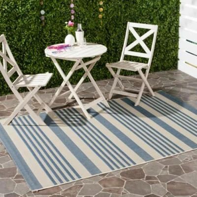 Image of SAFAVIEH Striped Rug for Indoor &amp; Outdoor Courtyard Collection, Short Pile, in Beige and Blue color, 160 X 231 cm