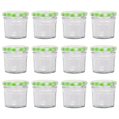 Image of Argon Tableware 12x 90ml Glass Jam Jars with Green Gingham Lids Empty Screw Top Kitchen Food Honey Spice Preserving Canning Storage Jar Set