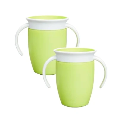 Image of Munchkin Miracle 360 6+ Month 7oz Baby Sippy Cups (2 Pack), Free Flow Beaker for Toddlers, Trainer Cup, BPA Free, Spill Dishwasher Safe Water Bottle with Easy Grip Handles, Green/Green