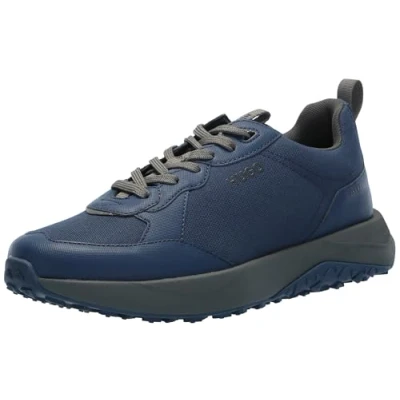 Image of HUGO Men&#039;s Logo Tape Canvas Mix Sneaker, Blueberry Blue, 10 UK
