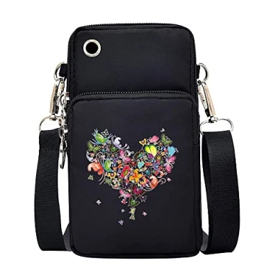 Image of FINDING CASE Love Women Girls men Zipper Waterproof Nylon 3 Layers Crossbody Bags Wallet Cellphone Purse Shoulder Bag Wristlet Handbags Adjustable Strap (Heart Buttfly)