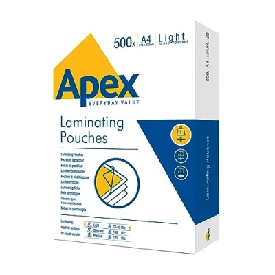 Image of Fellowes Apex A4 Laminating Pouches, Glossy Finish, 500 Sheets Light Duty Value Pack Ideal for Notices, and Photos