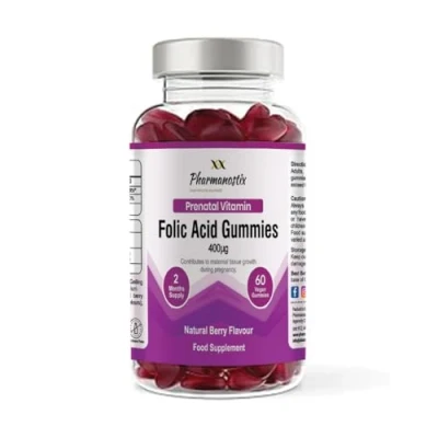 Image of Pharmanostix Folic Acid 400μg Gummy Vitamin B9 Prenatal Conception Natural Berry Flavour Vegan Gummies to Support Health Pregnancy &amp; Foetus Development GMO Allergens Free 60
