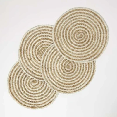 Image of HOMESCAPES Set of 4 Handwoven Natural Jute Placemats with Cream Braided Spiral Pattern and Non Slip Back 40 cm Round Table Mats for Indoor &amp; Outdoor Use