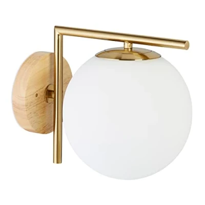 Image of Relaxdays GLOBI Brass Wall Light, Metal, Glass Ball Shade, HxWxD: 23 x 20 28 cm, Modern, Design Lamp, Matt [Energy Class A++ to E]