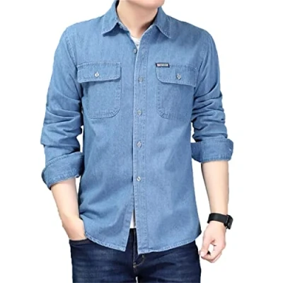 Image of kewing Men&#039;s Denim Shirt Slim Fit Casual Button Down Shirts Fashion Long Sleeve with Front Pocket Light Blue