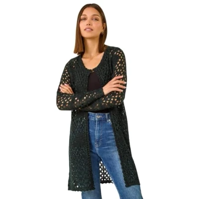 Image of Roman Originals Shimmer Longline Knit Cardigan for Women UK Ladies Everyday Holiday Spring Summer Comfy Soft Evening Vacation Work Party Green Size 20