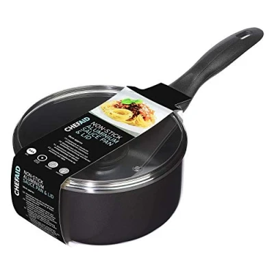 Image of Chef Aid Sauce Pan, 18 cm Aluminium Pan with Glass Lid And Stay Cool Handle, Built In Ventilation Steam Vent, for Use on Electric Ceramic Hobs, Black