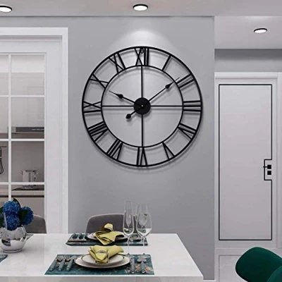 Image of Large Modern Metal Wall Clocks Rustic Round Nearly Silent Little Ticking Battery Operated Roman Numerals Clock for Living Room/Bedroom/Kitchen Decor (Black, 47cm)
