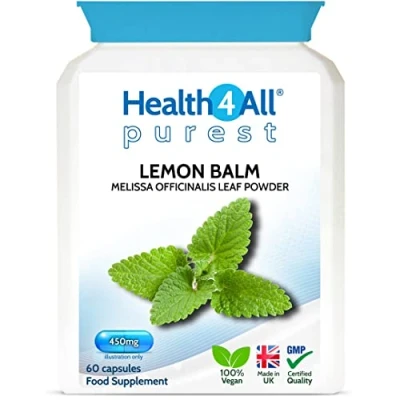 Image of Health4All Lemon Balm 450mg 60 Capsules (V) (not Tablets) Purest no additives, Vegan. Melissa for Anxiety, Stress and Sleep