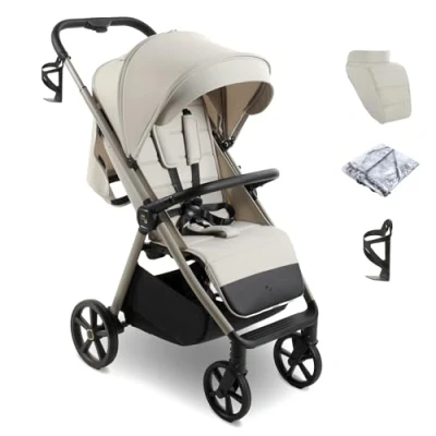 Image of My Babiie MB170 Plus Pushchair from Birth to 4 Years (22kg), Wheel Suspension, Large Basket, XL Canopy, Foldable, Compact, Stroller with Footmuff, Cup Holder, Rain Cover Ivory