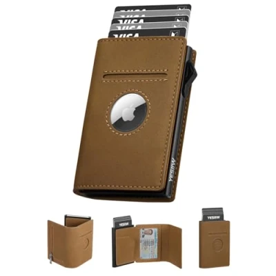 Image of YESIIW Mens Wallets, Slim Wallets for Men RFID Blocking, Pop Up Credit Card Holder Minimalist Wallet, Smart Metal Wallet with Coin Pocket &amp; ID Window (Brown)