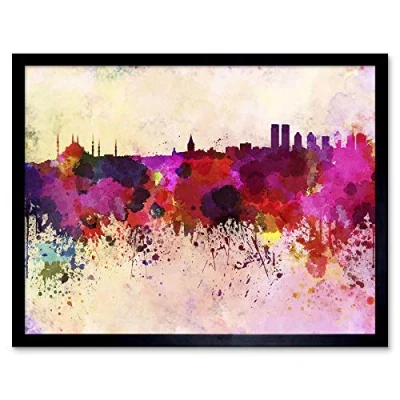 Image of Wee Blue Coo Painting Illustration Cityscape Paint Splash Skyline Istanbul Art Print Framed Poster Wall Decor 12X16 Inch