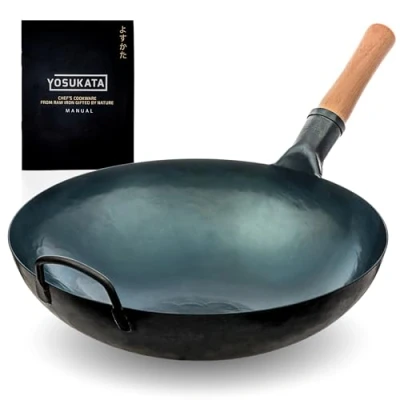 Image of YOSUKATA Blue Carbon Steel Wok Pan 36 cm Woks and Stir Fry Pans Chinese Hammered Round Bottom Pow Traditional Japanese