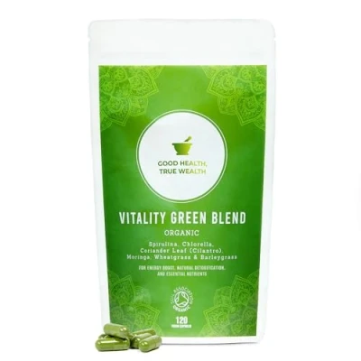 Image of Organic Super Greens Capsules Ultimate Green Blend of 6 &amp; Superfood Powder 120 Removes Toxins Boost Energy Gluten Free, Vegan Soil Association Certified