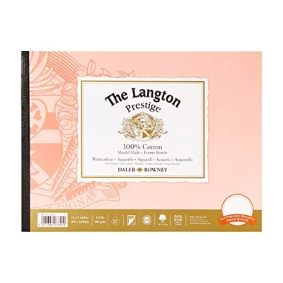 Image of Daler Rowney The Langton Prestige Hot Pressed Watercolour &amp; Gouache 300gsm 12 x 9 in Paper Pad, Glued 1 Side, Natural White Sheets, Ideal for Professional Artists Students