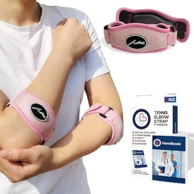 Image of Tennis Elbow Support Strap with Doctor Handbook Reliable for Men &amp; Women Adjustable Brace Daily Wear, Gym, Sports, Rapid Pain Relief from Tendonitis (Pink Pair)