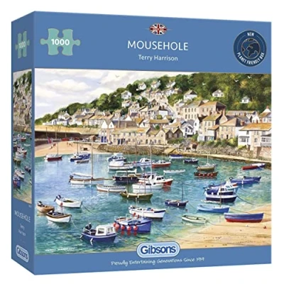 Image of Mousehole 1000 Piece Jigsaw Puzzle Cornwall Coastal Terry Harrison Sustainable for Adults Premium 100% Recycled Board Great Gift Gibsons Games