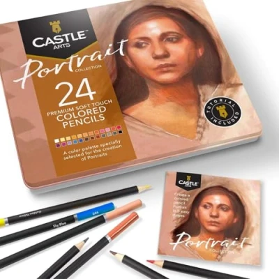 Image of Castle Arts Themed 24 coloured Pencil Set in Tin Box, perfect colours for ‘Portraits’. Featuring, smooth cores, blending &amp; layering Ideal Drawing, Sketching and Colouring