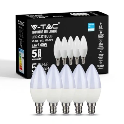 Image of V TAC E14 LED Candle Bulbs 5.5W (Equivalent to 40W) Light Edison Small Screw Bulb Samsung Chip Non Dimmable 4000K Day White Pack of 5