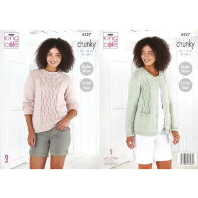 Image of King Cole Ladies Chunky Knitting Pattern Raglan Sleeve Cable Sweater &amp; Cardigan (5827), Multi