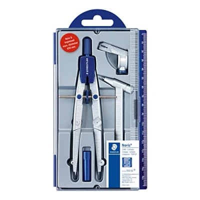 Image of STAEDTLER 550 02 Noris School Compass with Centre Wheel, Extension Bar, Universal Adapter and Lead Box (350 mm Diameter)