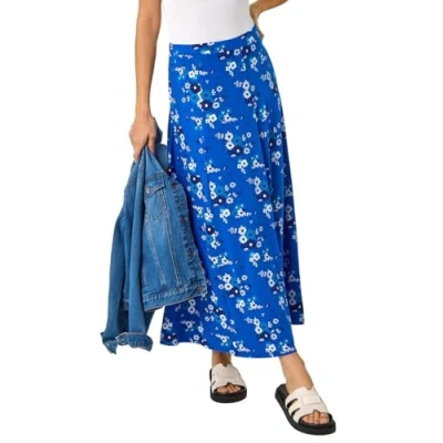 Image of Roman Originals Jersey Skirt for Women UK Ladies Midi Maxi Ditsy Floral Summer Spring Holiday Swing Shape Vacation Smart Casual Work Cocktail Party Going Out Royal Blue Size 14