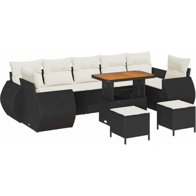 Image of vidaXL 10 Piece Garden Sofa Set with Cushions Black Poly Rattan Acacia