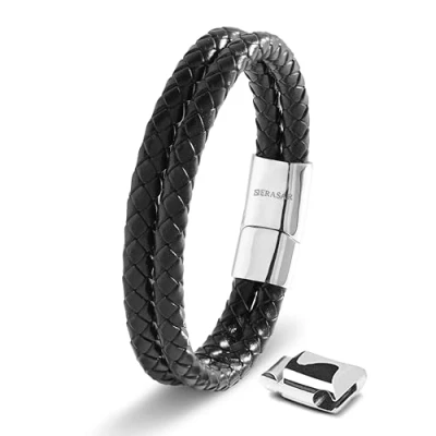 Image of SERASAR Mens Leather Bracelet [Double] Silver 20cm Birthday Gifts for Men Gift Ideas Magnetic Jewelry Adjustable Stainless Steel