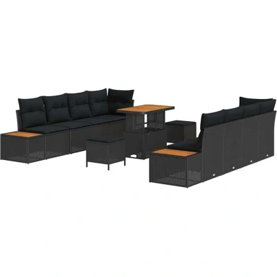 Image of vidaXL 11 Piece Garden Sofa Set with Cushions Black Poly Rattan Acacia