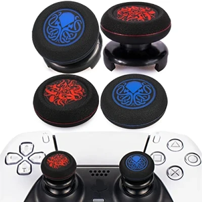 Image of Playrealm FPS Thumbstick Extender &amp; Printing Rubber Silicone Grip Cover 4 Sets for PS5 Dualsenese PS4 Controller (Cthulhu Ghost Blue&amp;Demon Tentacle Red)