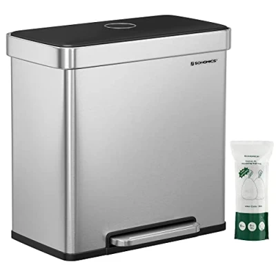 Image of SONGMICS Kitchen Bin, 2 x 30L Stainless Steel Pedal Rubbish Bin with 15 Trash Bags, Recycling and Waste, Plastic Inner Buckets, Lid, Soft Closure, 58 31.5 59 cm, Silver LTB202E01