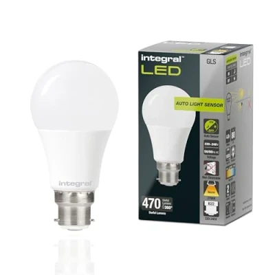 Image of Integral LED B22 Non Dimmable Dusk to Dawn Dual Sensor Frosted GLS Bulb Warm White 2700K, 470lm, 4.8W (40W Equivalent) Energy efficient &amp; Ideal for Outdoor, Porch, Garage, Garden, Patio