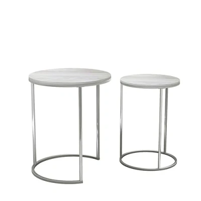 Image of URBNLIVING 2 Pcs Round Nesting Stacking Sofa Side Bedside End Tables Set White Ash Wooden Top with Chrome Legs Modern Space Saving Accent Coffee Tea for Living Room Bedroom Office