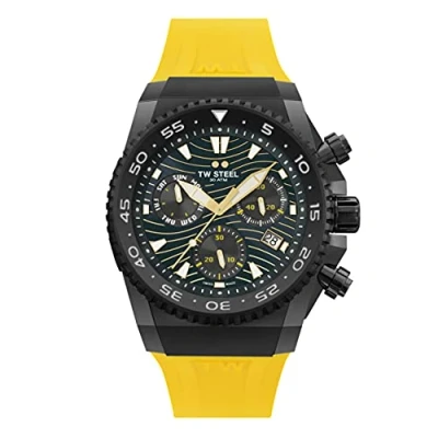 Image of TW Steel ACE Diver Mens 44mm Quartz Watch with Black Dial Yellow Silicon Strap, and Date Calendar ACE414