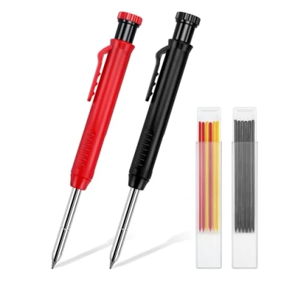Image of 2 Pieces Carpenter Pencil Built in Sharpener, Carpentry Mechanical Pencils Set with 14 Refills Woodworking Architect Deep Hole Marker Construction Mental Marking Tools for Drawing Writing