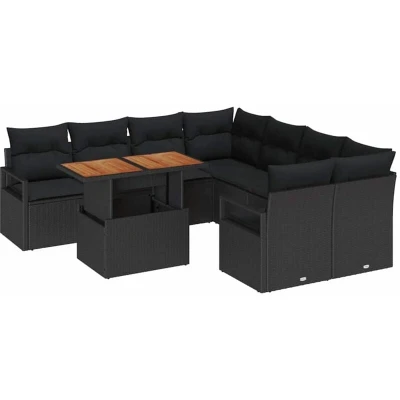 Image of vidaXL 9 Piece Garden Sofa Set with Cushions Black Poly Rattan