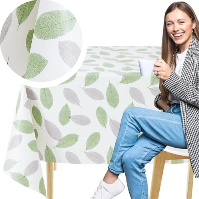 Image of KP HOME Wipe Clean Tablecloth Rectangular 78.7&quot;x 53.9&quot; (200x137cm) Plastic Table Cloth Clean, Rectangle Outdoor PVC Oil Cover Waterproof Wipeable Vinyl Green Leaf Breeze Design