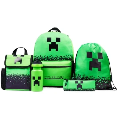 Image of Minecraft Backpack Set 5 Pcs Water Bottle Insulated Lunch Bag Pencil Case Drawstring or Lanyard Keyring School Supplies (Green)