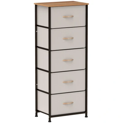 Image of HOMCOM Fabric Chest of Drawers, Storage Industrial Bedroom Dresser with 5 Steel Frame and Wooden Top for Nursery, Living Room, Hallway, Cream White