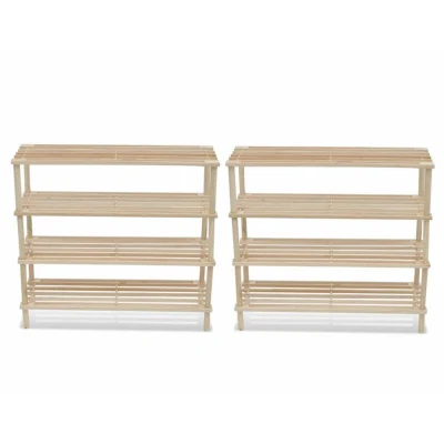 Image of vidaXL 4 Tier Shoe Racks Set of 2, Solid Fir Wood, Beige, Quick Assembly, Durable Organizer for Home or Office